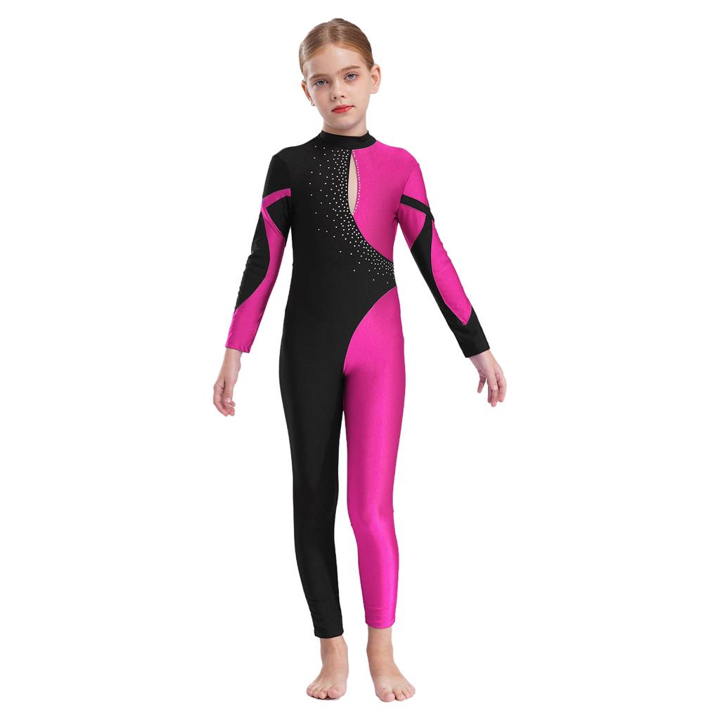 Rhythmic Gymnastics Jumpsuits Kids Shiny Rhinestone Ice Skating Bodysuit Girls Long Sleeve Ballet Dance Full Body Leotards Unitards Stage Wear