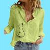 Women Fashion Long Sleeve Blouse Ladies Stand Neck Print Top Casual Cotton Linen Buttoned Shirt