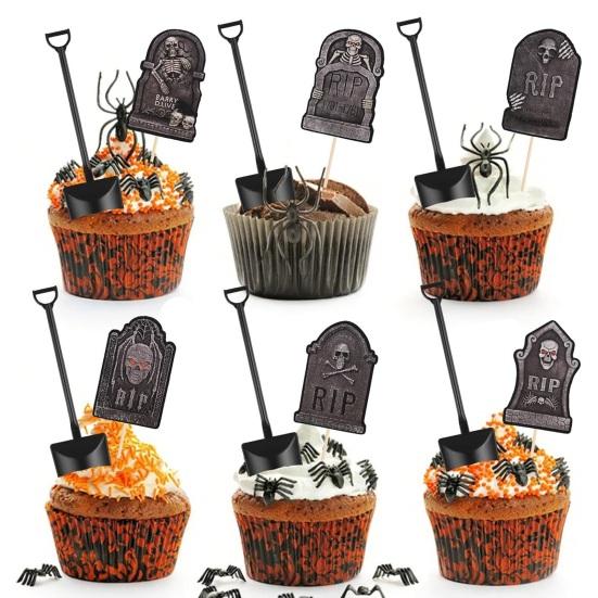 48 шт. Хэллоуин Топперы для кексов Надгробия Кладбище Украшения для торта с мини ложками-лопатками для принадлежностей для вечеринки на Хэллоуин