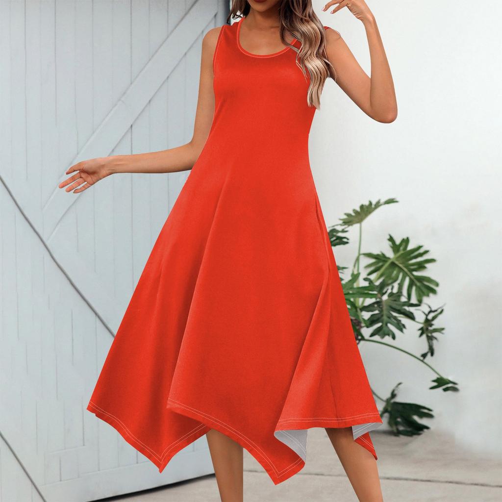 Женское повседневное модное платье миди без рукавов с круглым вырезом и нерегулярным подолом