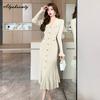 Elegant Fashion Autumn Winter Women Midi Trumpet Dress V Neck Green Black Beige Knitting Shirt Dress Ruffles Knitted Mermaid Dress