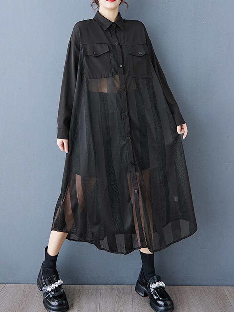 Xitao Однобортное платье с длинными рукавами и сетчатым узором в стиле пэчворк GYX1567