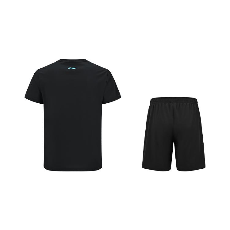 Li Ning College Style Однотонный Дышащий Прохладный Комплект для Повседневной Спортивной Одежды с Коротким Рукавом и Шортами, Устойчивый к Загрязнениям, Унисекс, Черный ATSV607-1+AKSV675-1