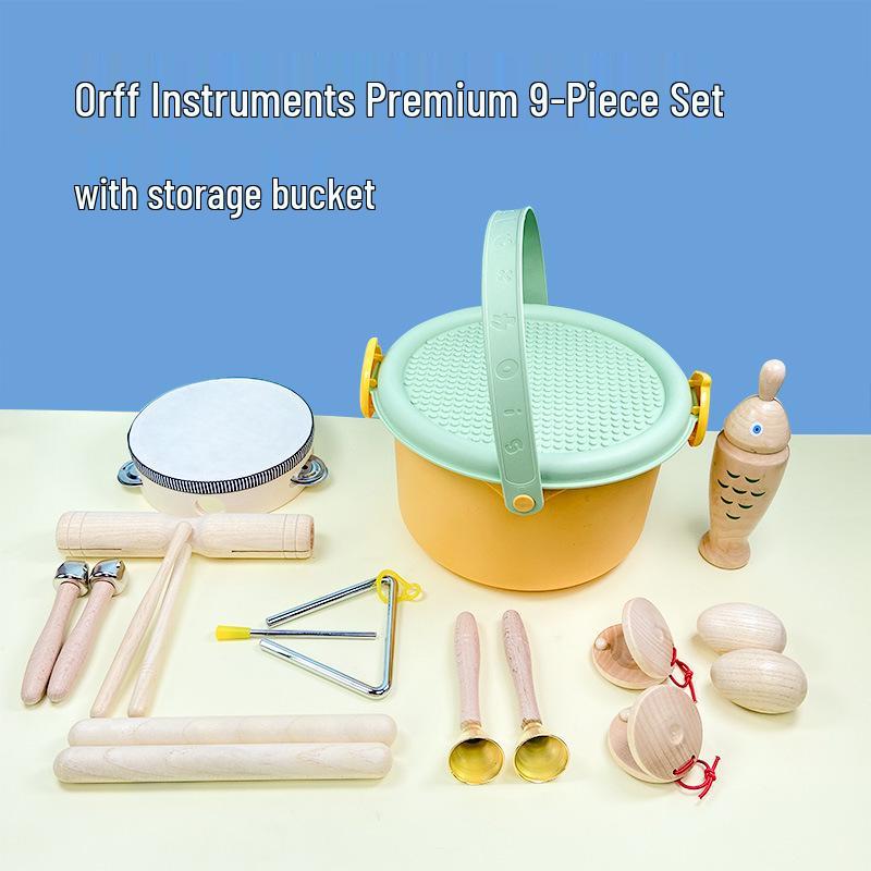 Детские музыкальные инструменты Орфа: Треугольник, Кастаньеты, Маракасы, Бубен, Деревянные бруски, Тарелки