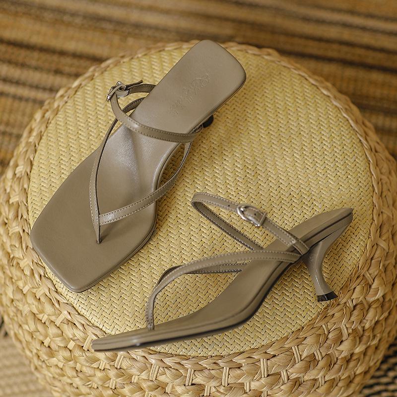 Women Sandals Leather High Heeled Sandals Women's Slippers Summer Outside Stiletto Back Strap Threaded Flip Flops Cool Slippers