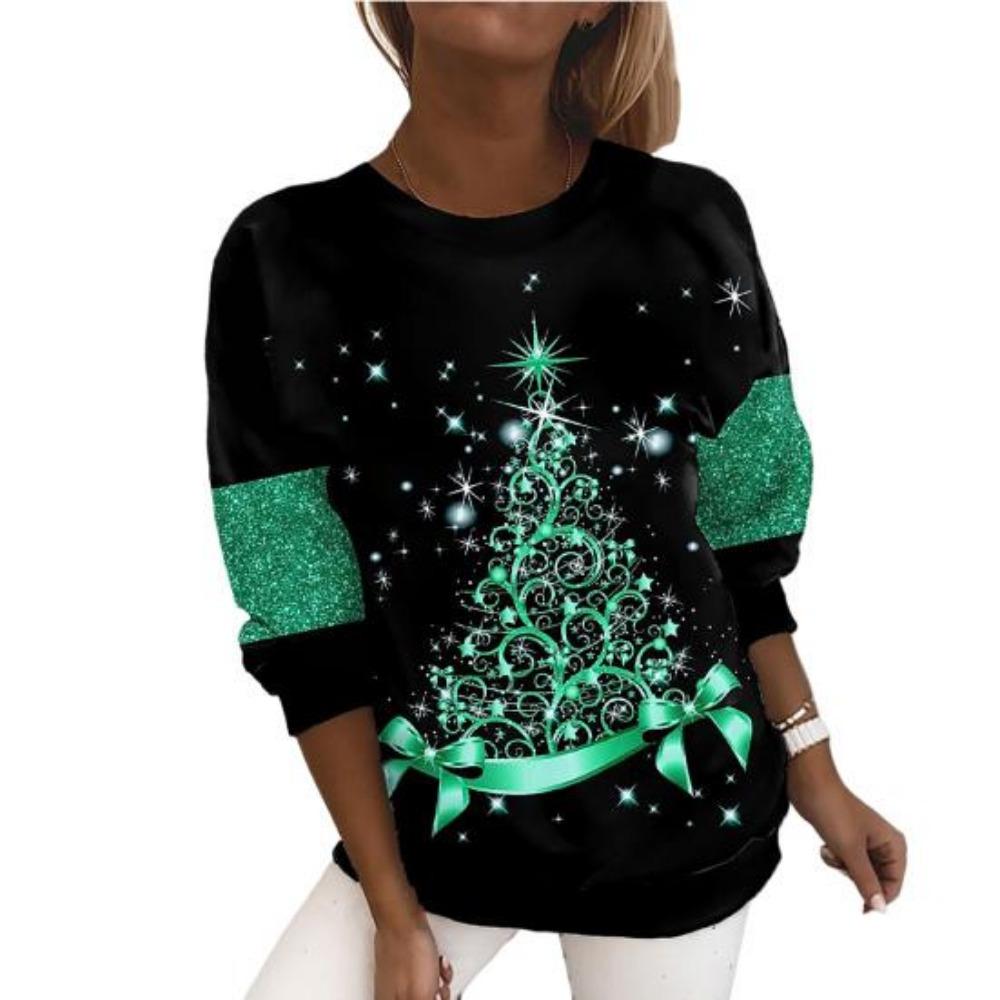 Christmas Women Sweatshirt Designer Round Neck Long Sleeve Loose Casual Christmas Tree Design Interesting Graphic Print Top