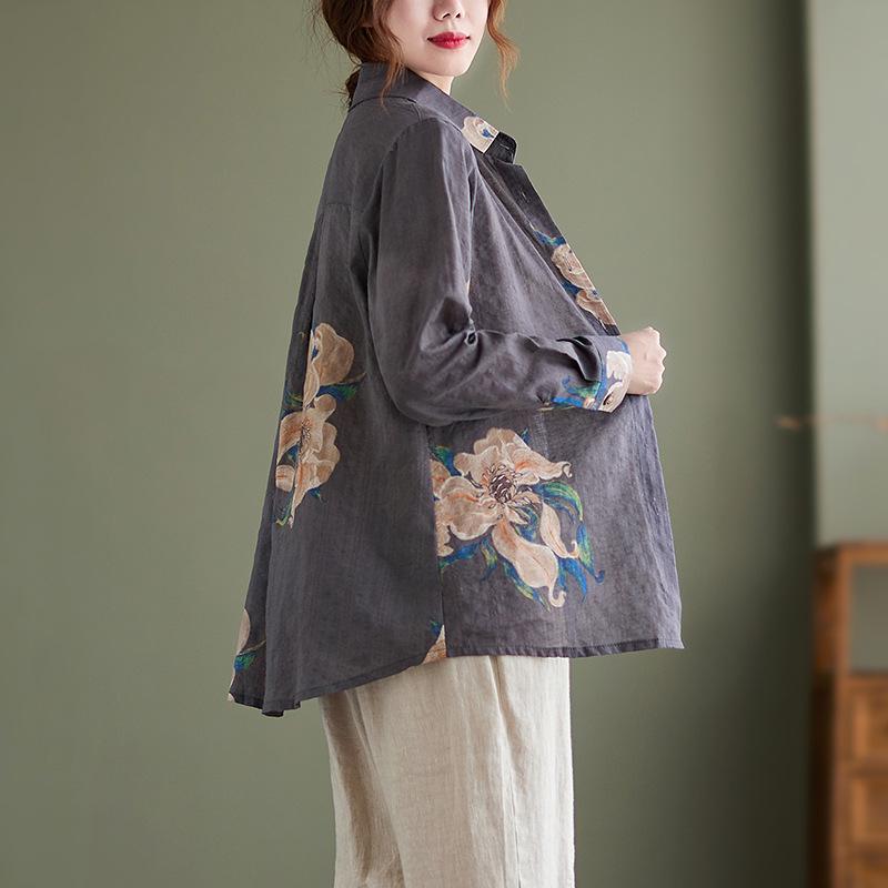 Весенние хлопковые льняные рубашки LadiesTop Блузка с цветочным принтом для женщин Свободная рубашка в стиле ретро больших размеров с длинным рукавом