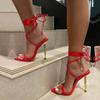 Summer 12CM Gladiator Heels Sandals For Women Pointed Open Toe Lace-Up Stiletto Ladies Strappy Wedding Shoes Black Red