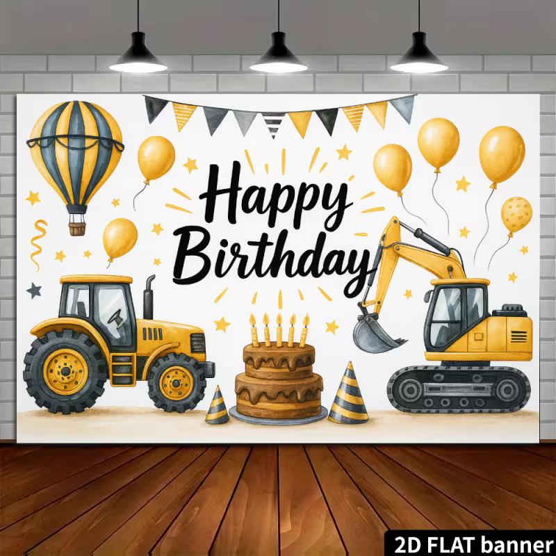 2D Construction Party Backdrop - Excavator & Tractor Banner for Kids Engineering Themed Photoshoot