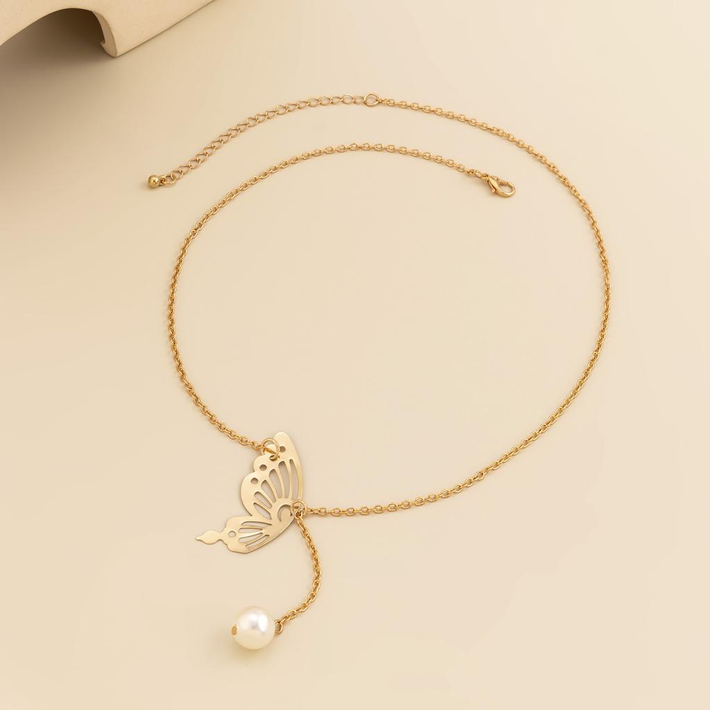 Антикварное ожерелье-цепочка с искусственным жемчугом и кулоном-бабочкой, подвески, серебристые украшения на шею для женщин, идеи подарков на вечеринку