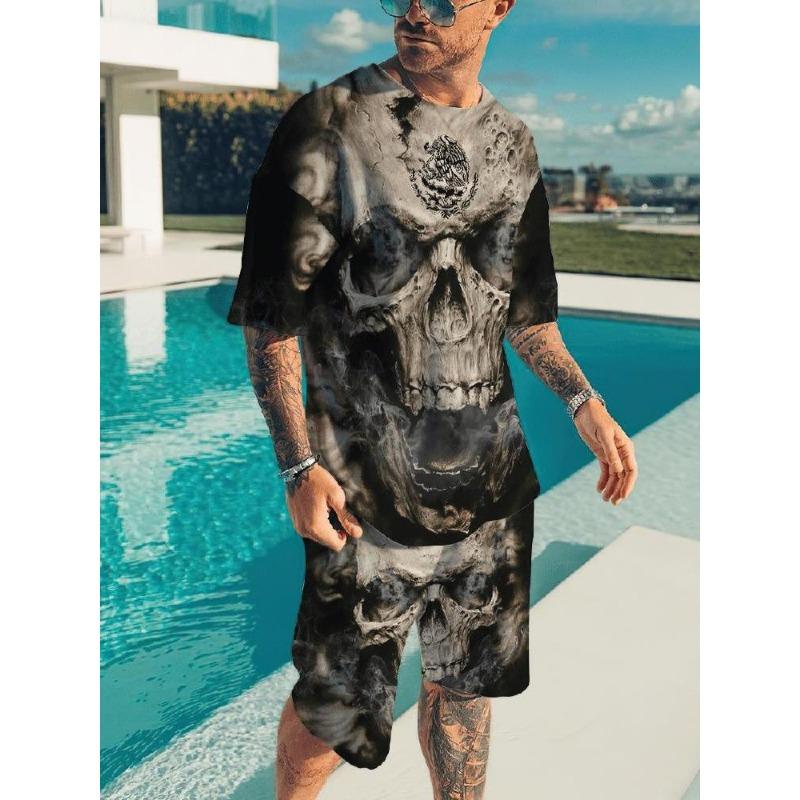 Модный Повседневный Отпуск Летний Мужской Костюм Принт Черепа 3D Спортивная одежда Костюм с коротким рукавом Футболка оверсайз с круглым вырезом Шорты 2 предмета