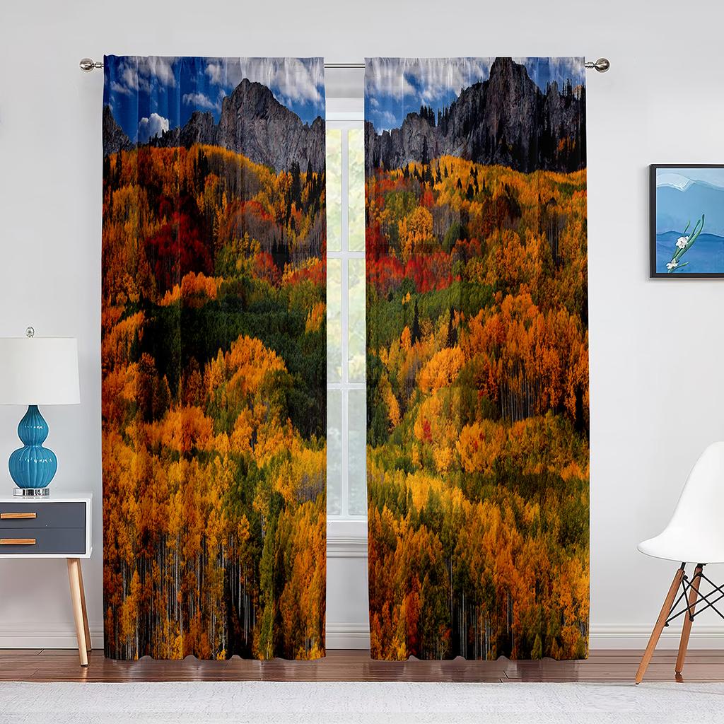Fall Forest Tulle Curtains for Living Room Bedroom Decoration Autumn Trees Woodland Sunshine Nature Scenery Sheer Voile Curtain
