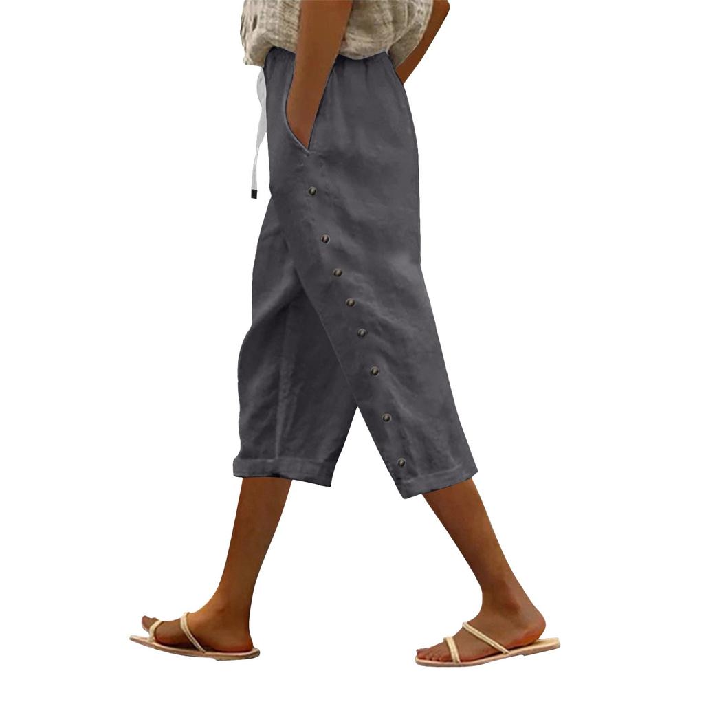 Women Casual  Side Button Up Trendy Pants Baggy Elastic Waist Straight Leg Comfort Trousers With Pocket