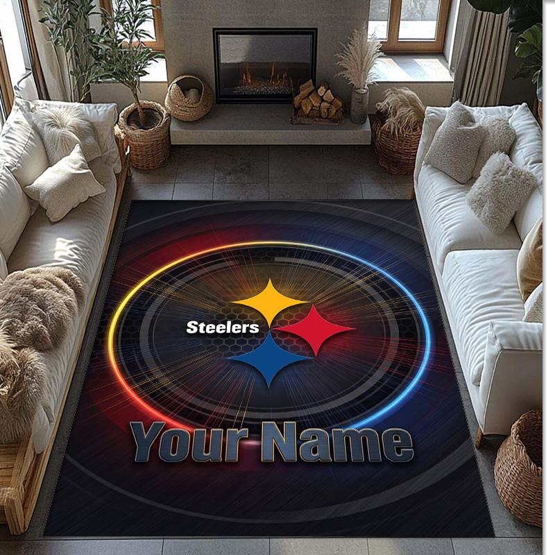 Pittsburgh Steelers Crystal Velvet Rug, Custom Name Text Personalized Non‑Slip Floor Mat for Home Decor Gift