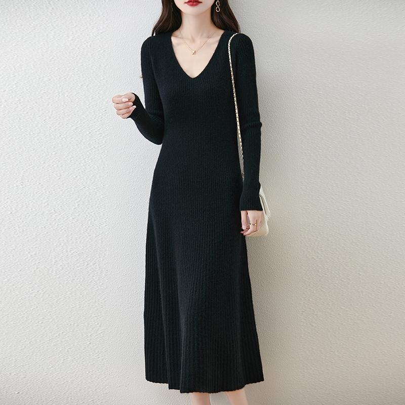 Женское платье-свитер 100% шерсть MODERN NEW SAGA V-образный вырез трикотажный длинный пуловер зимние джемперы шерстяное длинное платье женское