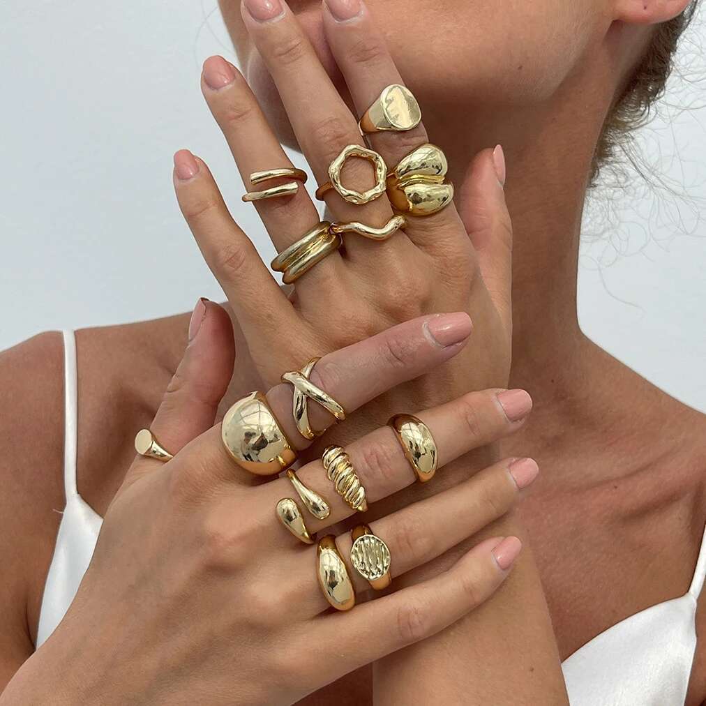 PuRui 14 шт./комплект Ретро Креативные Кольца Серебристого Цвета для Женщин Мужчин Готические Массивные Толстые Полые Кольца Открытые на Палец Регулируемые Украшения