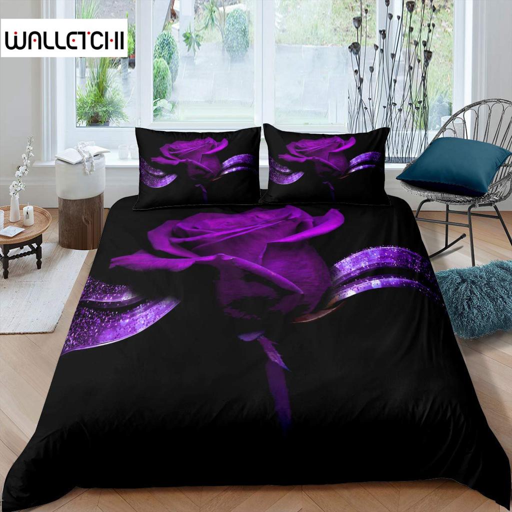 Комплект постельного белья с розами для женщин, шикарный фиолетовый комплект постельного белья с цветочным принтом, романтические цветы, блестки, королевского размера, покрывало для пар