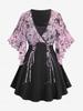 Rosegal Plus Size Flutter Sleeves Floral Mesh Flocking Lace Up Lace-trim Patchwork 2 In 1 Top