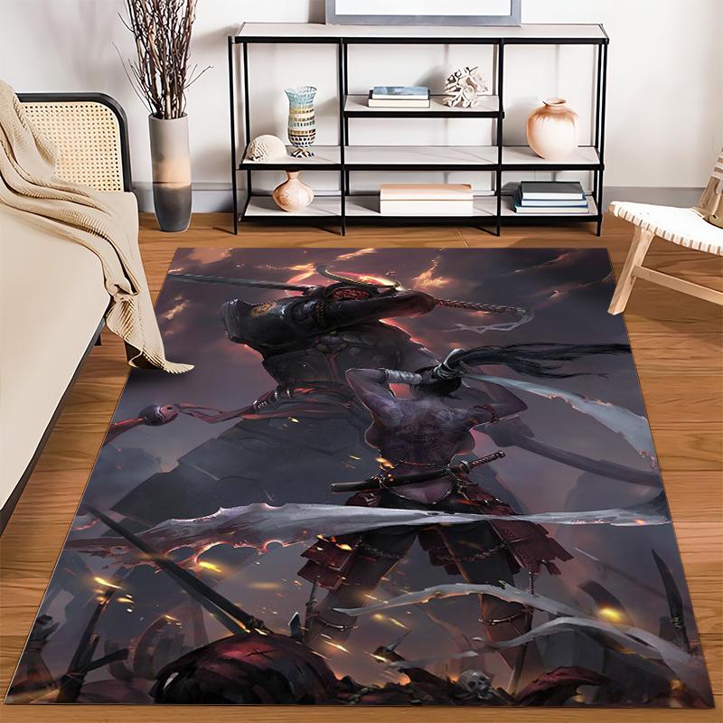 Epic Samurai Battle Scene with Fiery Background Printed Carpet Suitable for use as an anti-slip for living room bedroom sofas