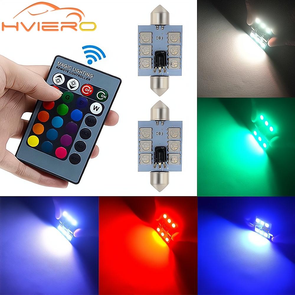2X C5W Car Led RGB 5050 6SMD 31/36/39/41mm Festoon Dome Car Door Lights Automobile Remote Controller Colorful Reading Lamps Roof Atmosphere Bulbs