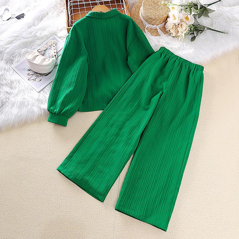 Одежда для больших детей, весенние и осенние рубашки с длинными рукавами с лацканами, топы и брюки, повседневные костюмы для девочек, однотонный комплект из 2 предметов