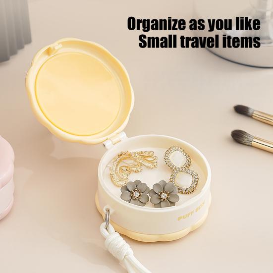 Круглая Пудреница Двухъярусная Разделение Влажного и Сухого Макияжа Чехол для Пуховки Портативный Органайзер для Спонжей Макияжа с Шнурком для Женщин Девочек Дорожное Хранение
