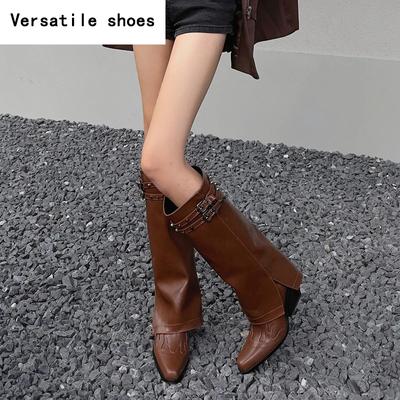 Дизайнерские женские брюки, высокие сапоги, модные ковбойские сапоги в стиле вестерн, толстые высокие каблуки, осенне-зимняя женская обувь