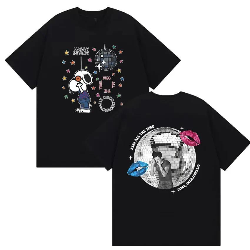 Oversized White Cotton Casual Streetwear T-Shirt with Harry Styles Fan Art, Snoopy, Disco Ball and "Kiss All The Time, Disco Occasionally"