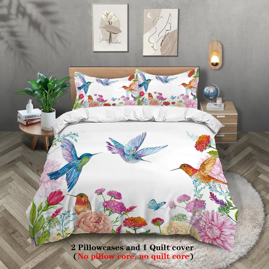 Набор из 3 предметов с принтом в виде колибри с натуральным цветочным узором (1 пододеяльник+2 наволочки, без наполнителя) мягкий и удобный постельный комплект