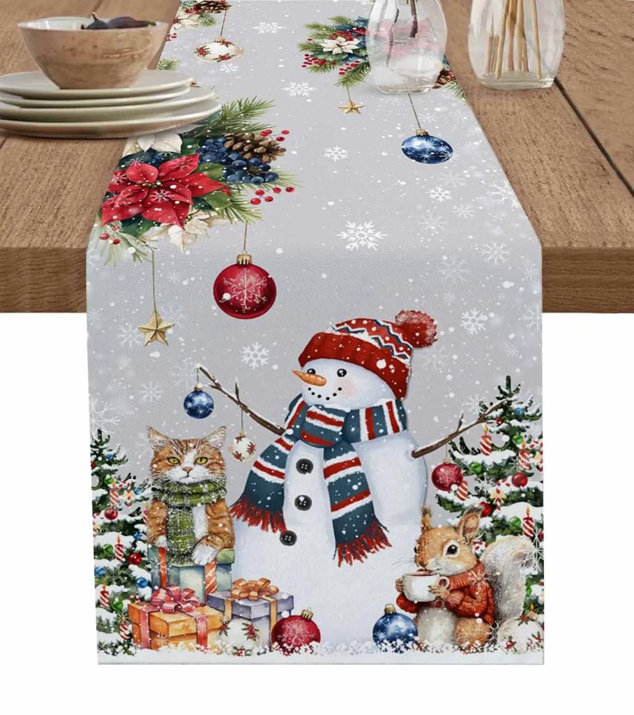 Christmas Silver Fir Leaves Snowflakes Wood Grain Linen Table Runners Kitchen Decoration Table Runner Festival Party Supplies