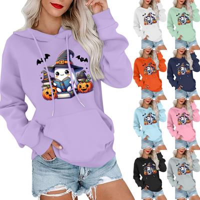 Женский модный, повседневный, удобный свитер с круглым вырезом, капюшоном, длинными рукавами и принтом на Хэллоуин