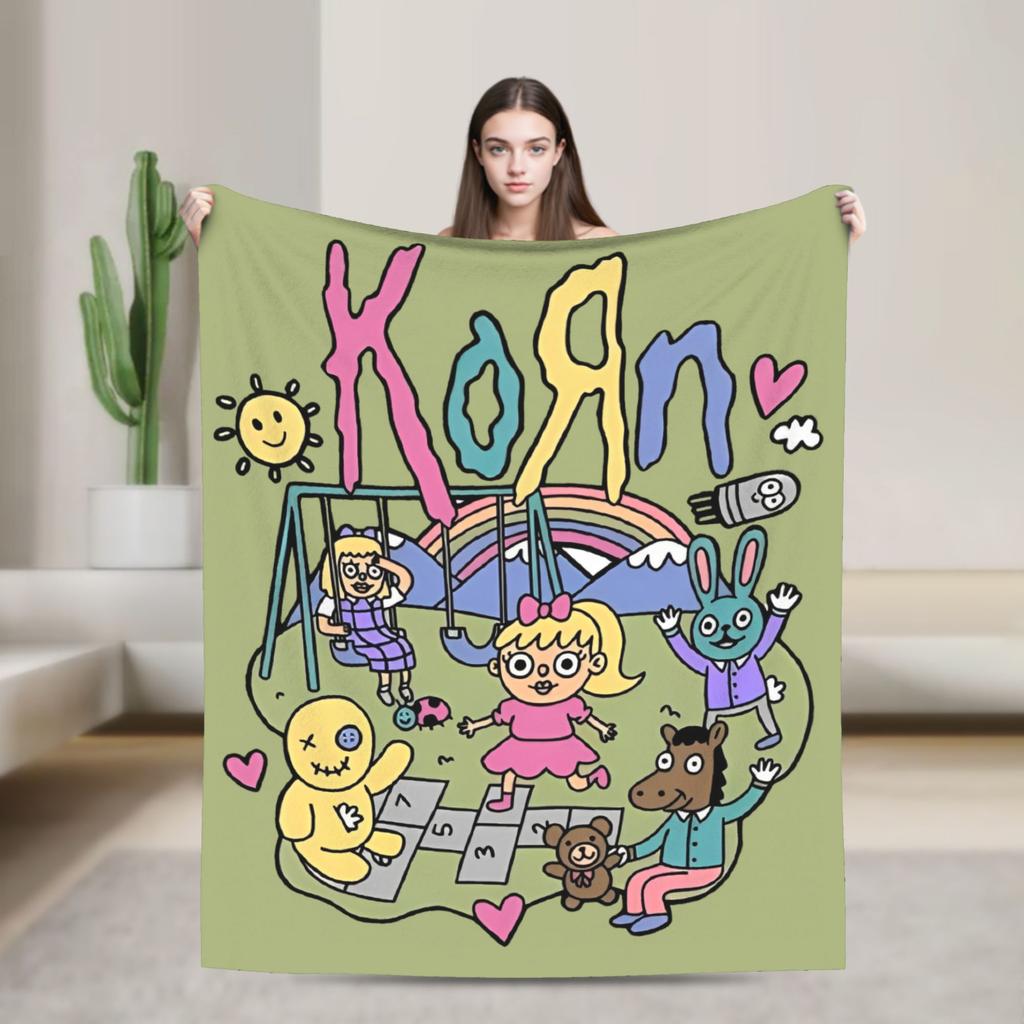 Korn Nu Metal Doll Knitted Fashion Blanket Coral Fleece Graffiti Music Korn Art Lightweight Thin Throw Fashion Blankets Bedspreads Portable