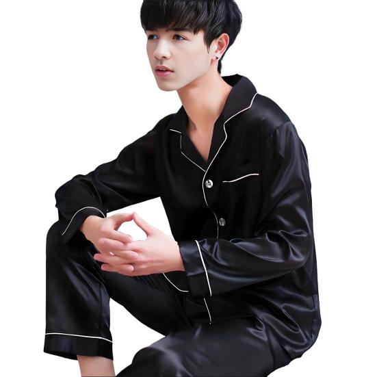 Комплект мужской пижамы из 2 предметов: Топ с лацканами и длинными рукавами на пуговицах, эластичные свободные длинные брюки. Домашняя одежда.