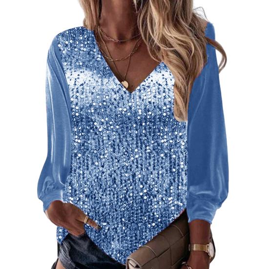Lady Top V-neck Dressing Up Breathable Stylish Women Sequins Spring Tee Shirt Daily Clothing