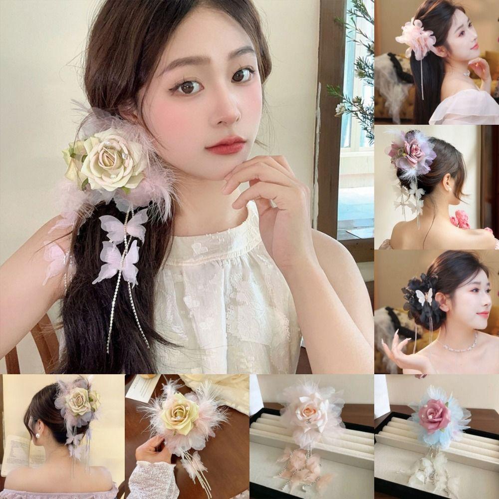 Пышные кисточки для волос, заколки для волос с перьями и цветами, заколки-акулы, модные аксессуары для волос для женщин и девочек