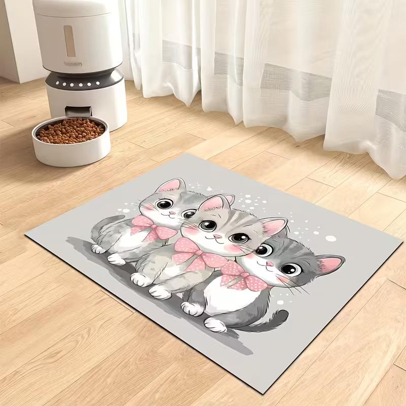 Waterproof Non Slip Cat Feeding Mat Cute Cartoon Linen Texture Pet Food Pad Matches All Pet Bowl Styles for Cats