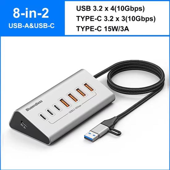 Док-станция-хаб USB 3.2 10 Гбит/с, разветвитель Type-C, адаптер для передачи данных с кардридером, мульти 7/8 портов, переключатель для ПК, ноутбука