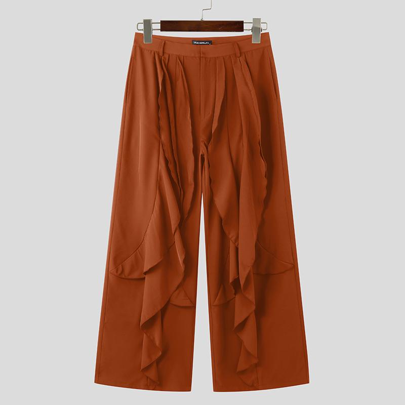 INCERUN Men High Waist Ruffled Layers Trousers Zipper Up Casual Long Pants