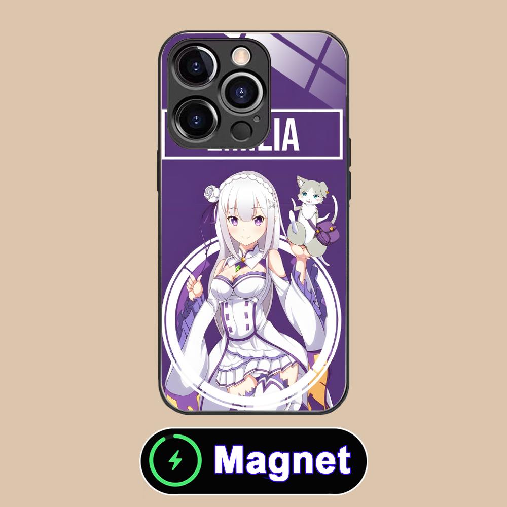 ReZero Emilia Вайфу Стеклянный Чехол для Телефона MagSafe для iPhone 17 16 15 14 13 12 11 Air Pro Max Plus Mini Цветной Чехол