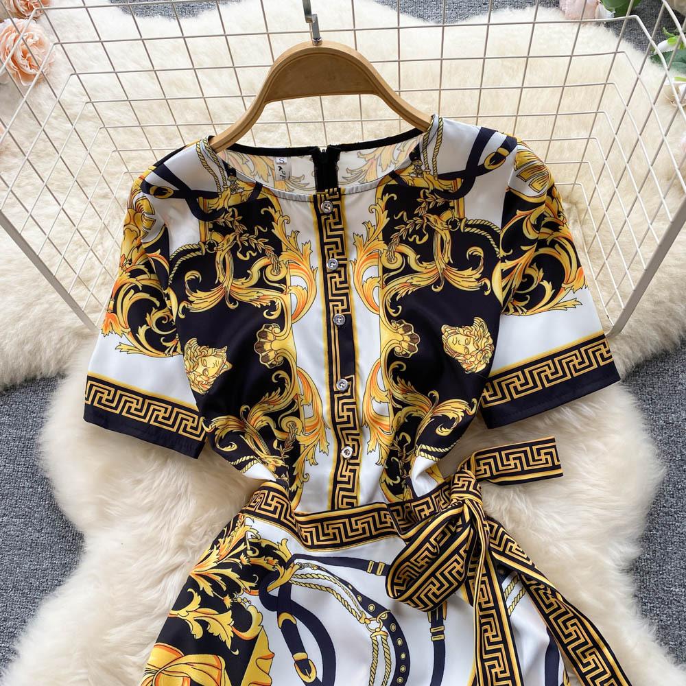 Летние печатные платья с круглым вырезом и длинными рукавами с завязками на талии и темпераментными бедрами