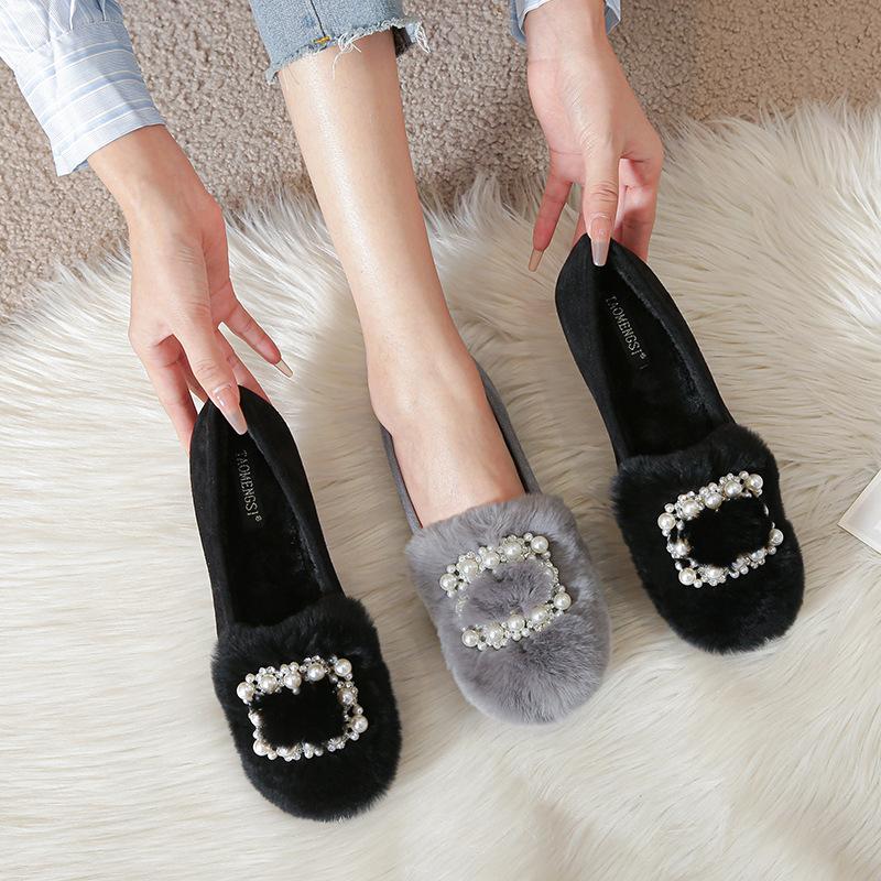 T23 осенне-зимние низкие дутики из натурального кроличьего меха, плюшевые туфли, неглубокие балетки, хлопковые туфли женские большого размера