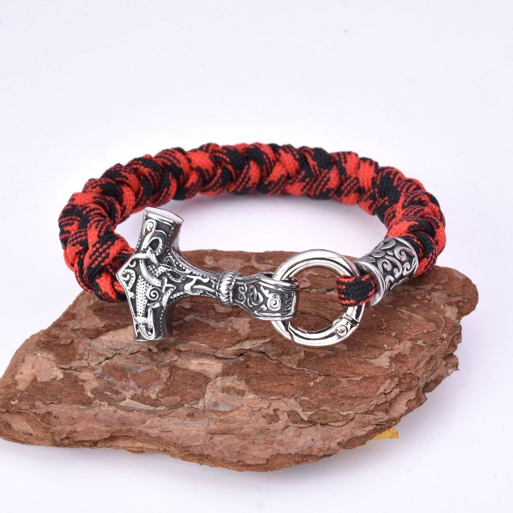 Мужской браслет из нержавеющей стали с молотком Тора викингов, зонтик, веревка, плетеный браслет с обратным масштабом, браслет с узлом