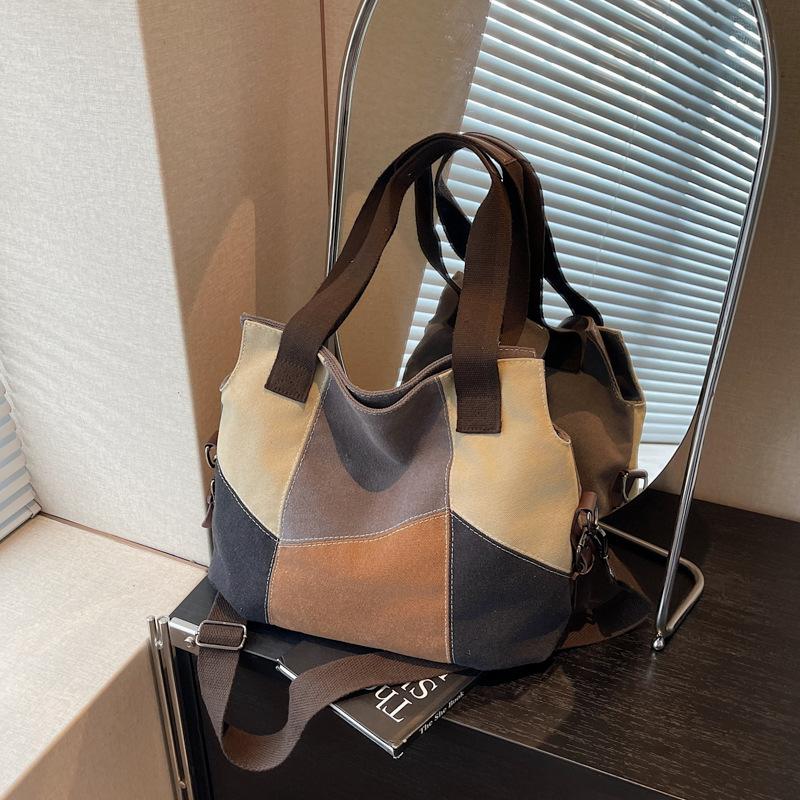 Холщовая сумка женская большой вместимости новая летняя универсальная контрастная цветная сшивная сумка-мессенджер классная сумка-тоут