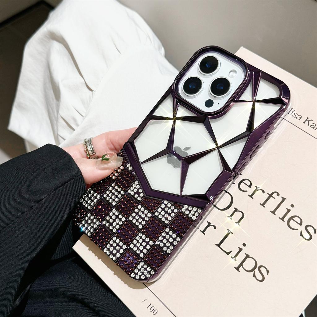 Для iPhone 16 Pro Чехол Геометрический ромбовидный узор Декор стразами Гальваническое покрытие ТПУ Чехол для телефона