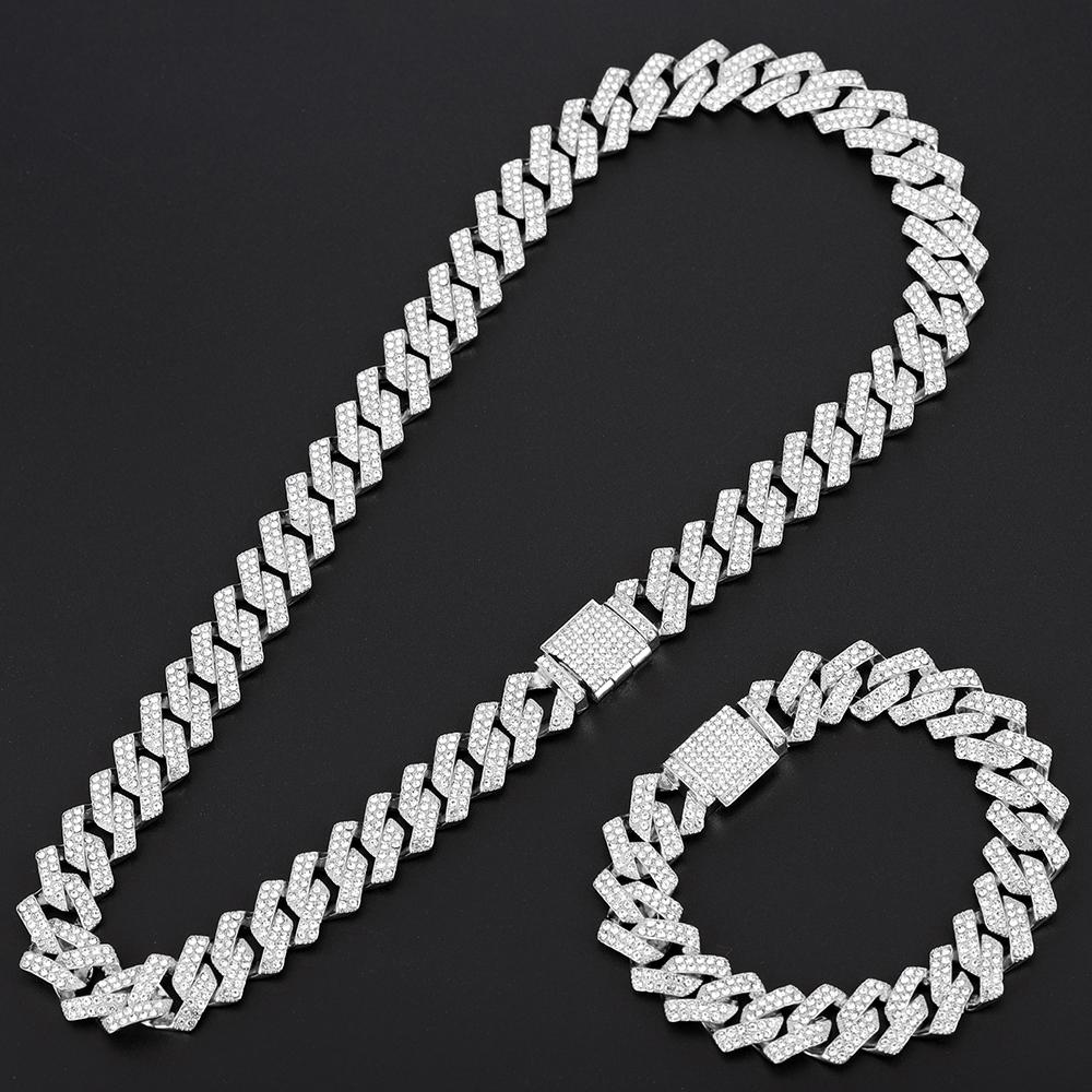 Hip Hop Iced Out Chain Paved Rhinestones Necklace 15MM Silver Color Full Miami Curb Cuban Chain Rapper Necklaces For Men Jewelry