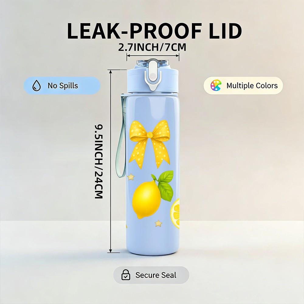 1PC Fresh Yellow Lemon Fruit Pattern 750ml Color Plastic Sports Water Bottle Leakproof Flip Straw Lid Suitable for Sports Office Home Use