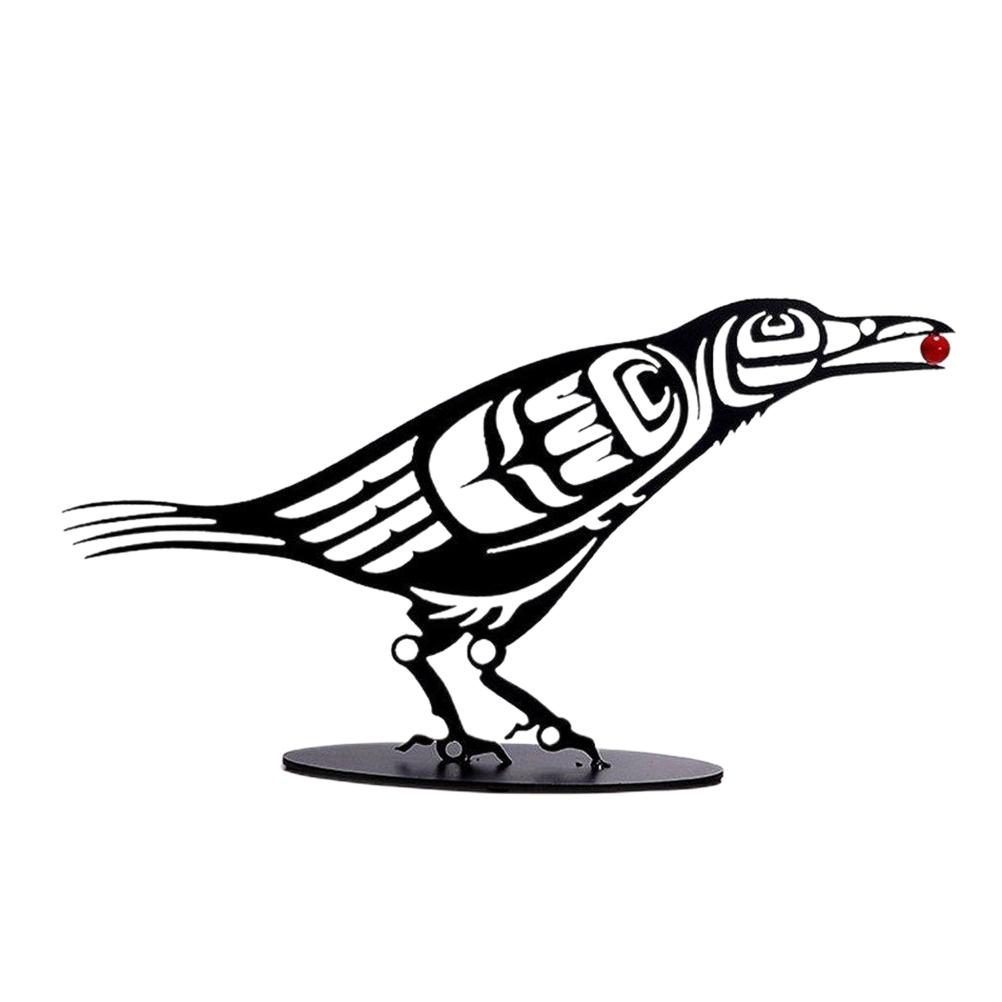 Metal Crow Figurine Crow with Berry Statue Desktop Decor Home Ornament Bird Silhouette Art