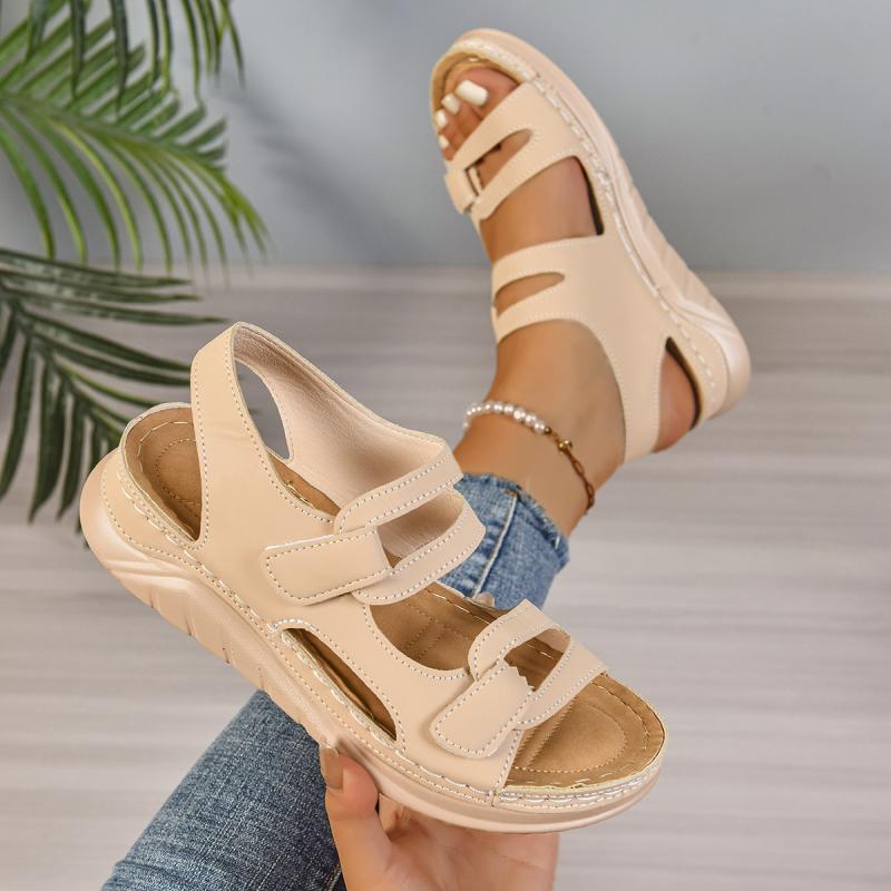 Повседневные сандалии на липучке с вырезами телесного цвета Женские 2025 Лето Круглый носок Клиновидный каблук Сандалии Удобная мягкая подошва Нескользящие Туфли для мамы