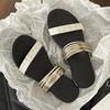 2024 Korean Version of Thin Belt Combination One Line Soft Leather Square Slippers Women's Open Toe Flat Beach Slippers