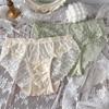 French Luxury Satin Underwear Women Sexy Lace Mid Waist Pure Cotton Bacteriostatic Breathable Bag Hip Thin Briefs